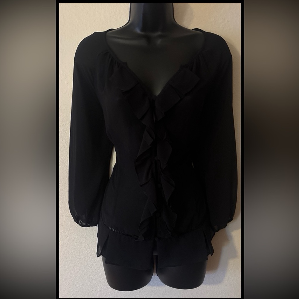 Worthington Black Ruffled V-Neck Button Up - Picture 3 of 3